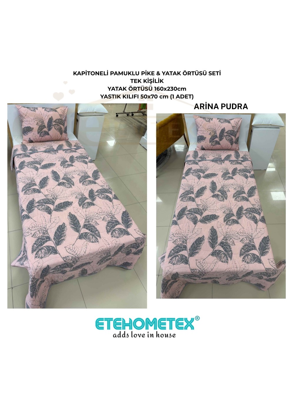 ETEHOMETEX Pamuklu Kapitoneli Yatak Örtüsü Seti TEK KİŞİLİK ARİNA PUDRA 8696474232107